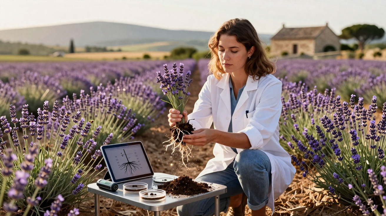 Mulher cientista examina planta de lavanda com raízes em campo, usando tablet para análise da raiz.