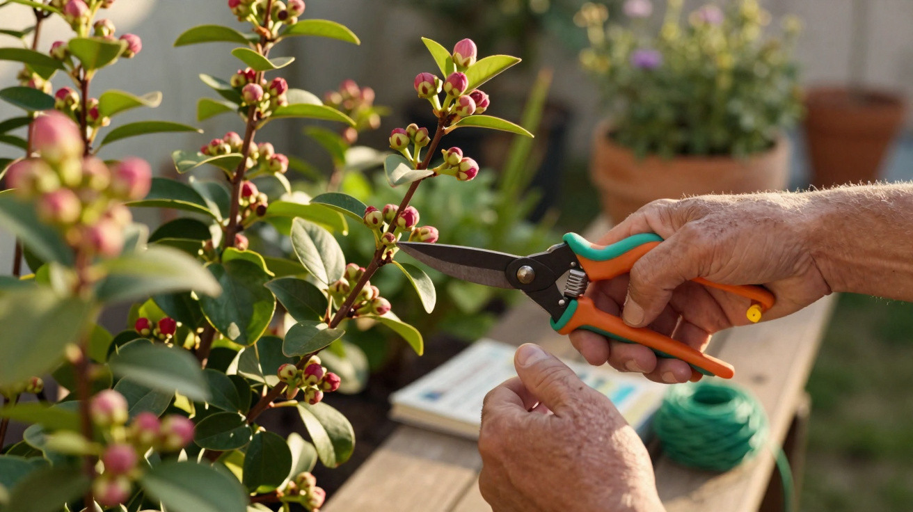 Pessoa podando galho florido com tesoura de jardinagem em ambiente externo ensolarado.