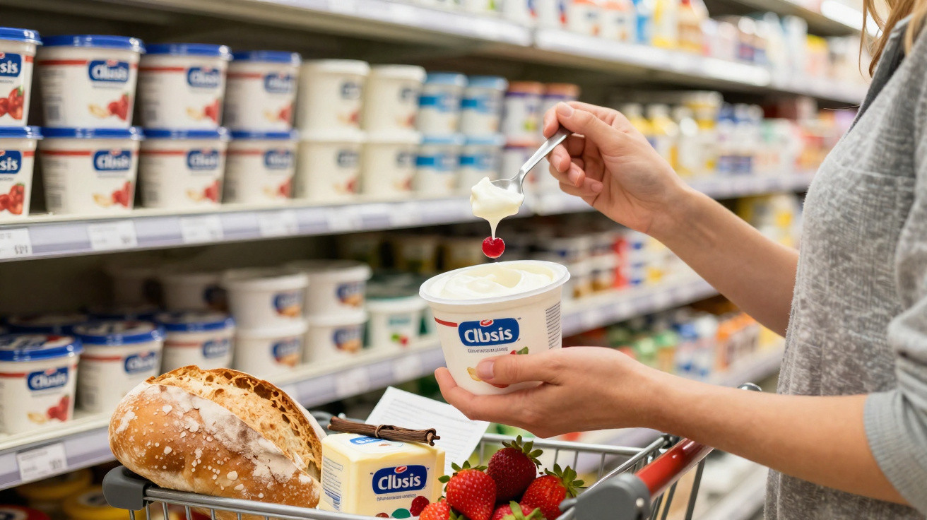 Pessoa segurando iogurte em potinho e colher com cereja em supermercado, carrinho com pão e frutas.