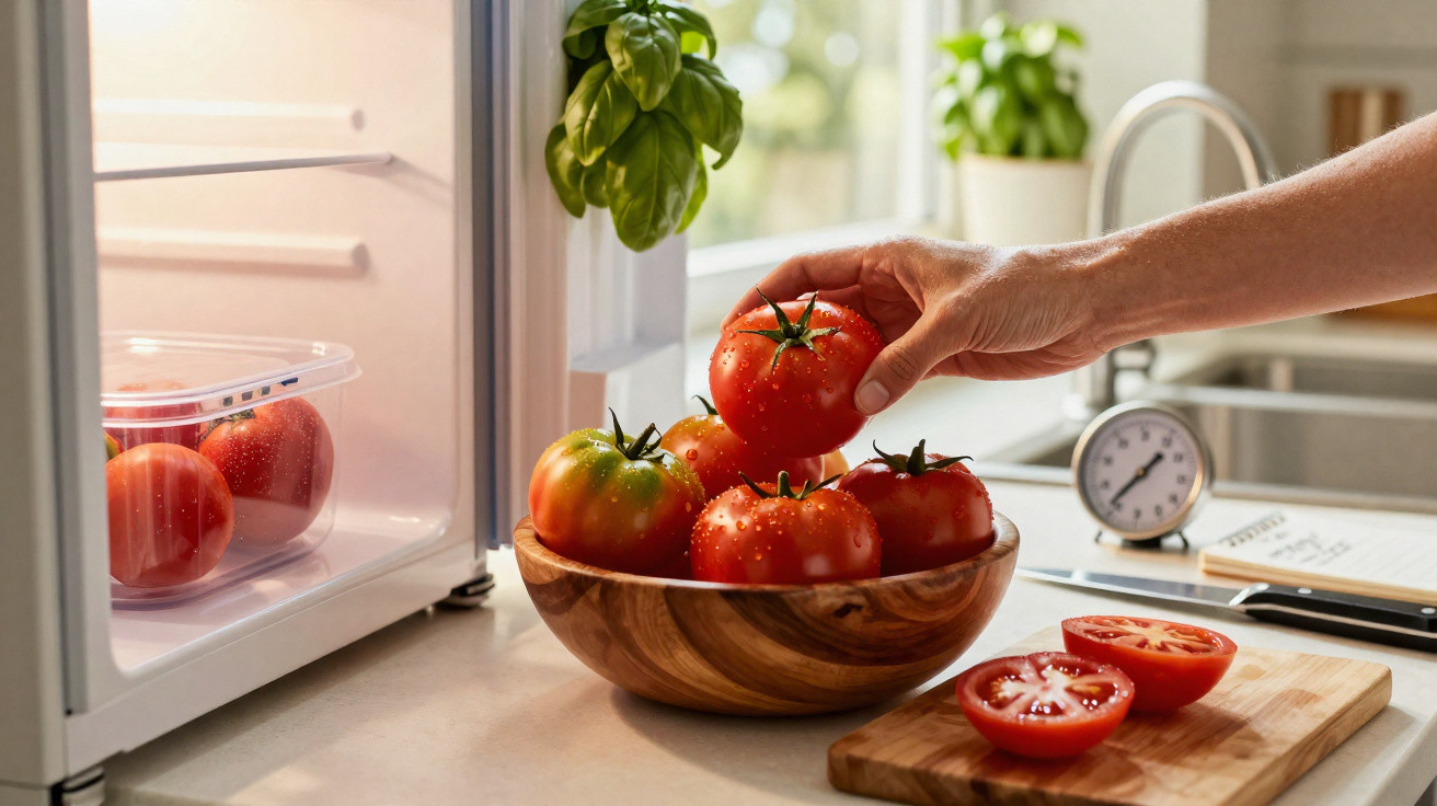 Mão pegando tomate em tigela de madeira, tomates cortados e caixa com tomates dentro da geladeira.