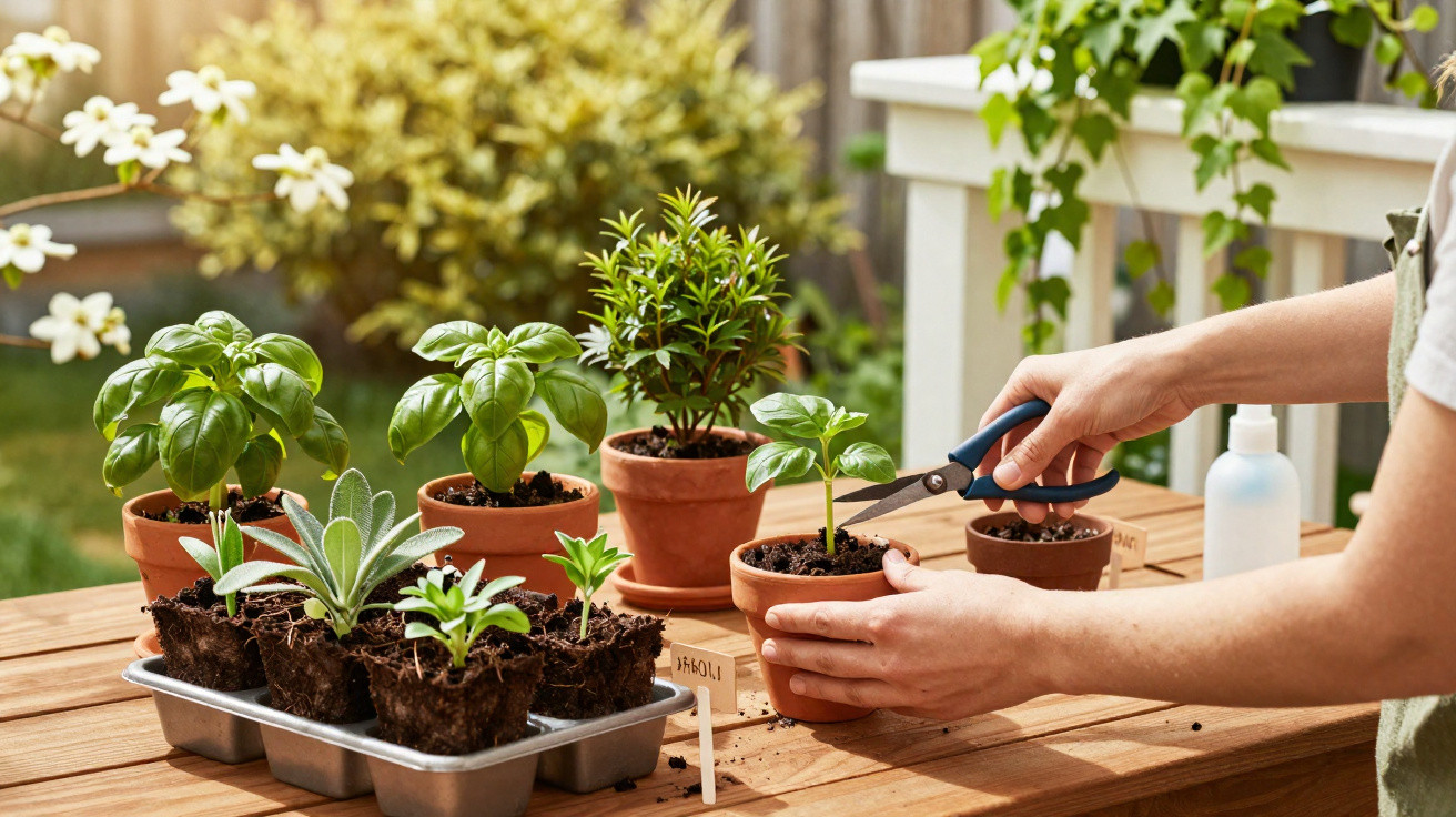 Pessoa cuidando de plantas em vasos de barro sobre mesa de madeira em jardim ao ar livre.
