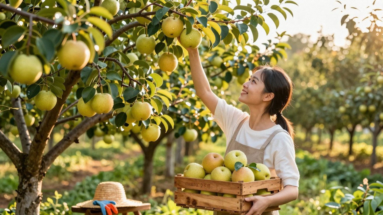 Mulher colhendo peras maduras em pomar ensolarado, segurando caixa de madeira com frutas.