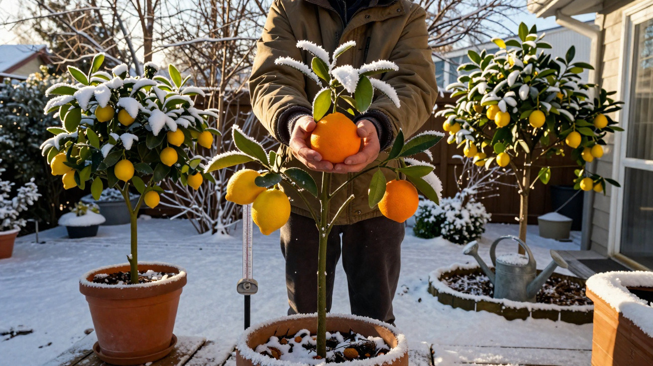Pessoa segurando laranja em árvore frutífera com limoeiros em vasos cobertos de neve no quintal.