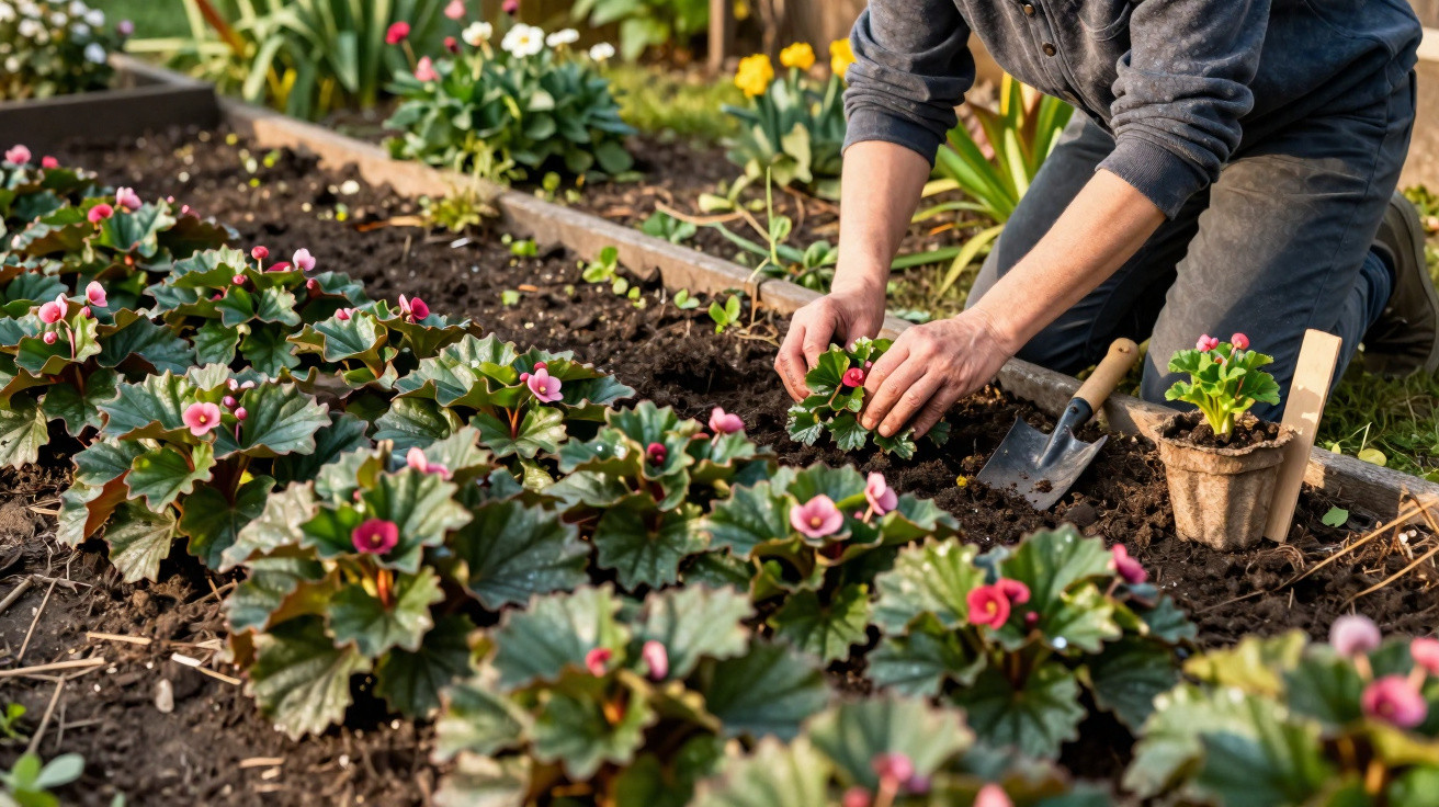 Pessoa plantando flores rosas em um jardim com solo preparado e regador ao lado.
