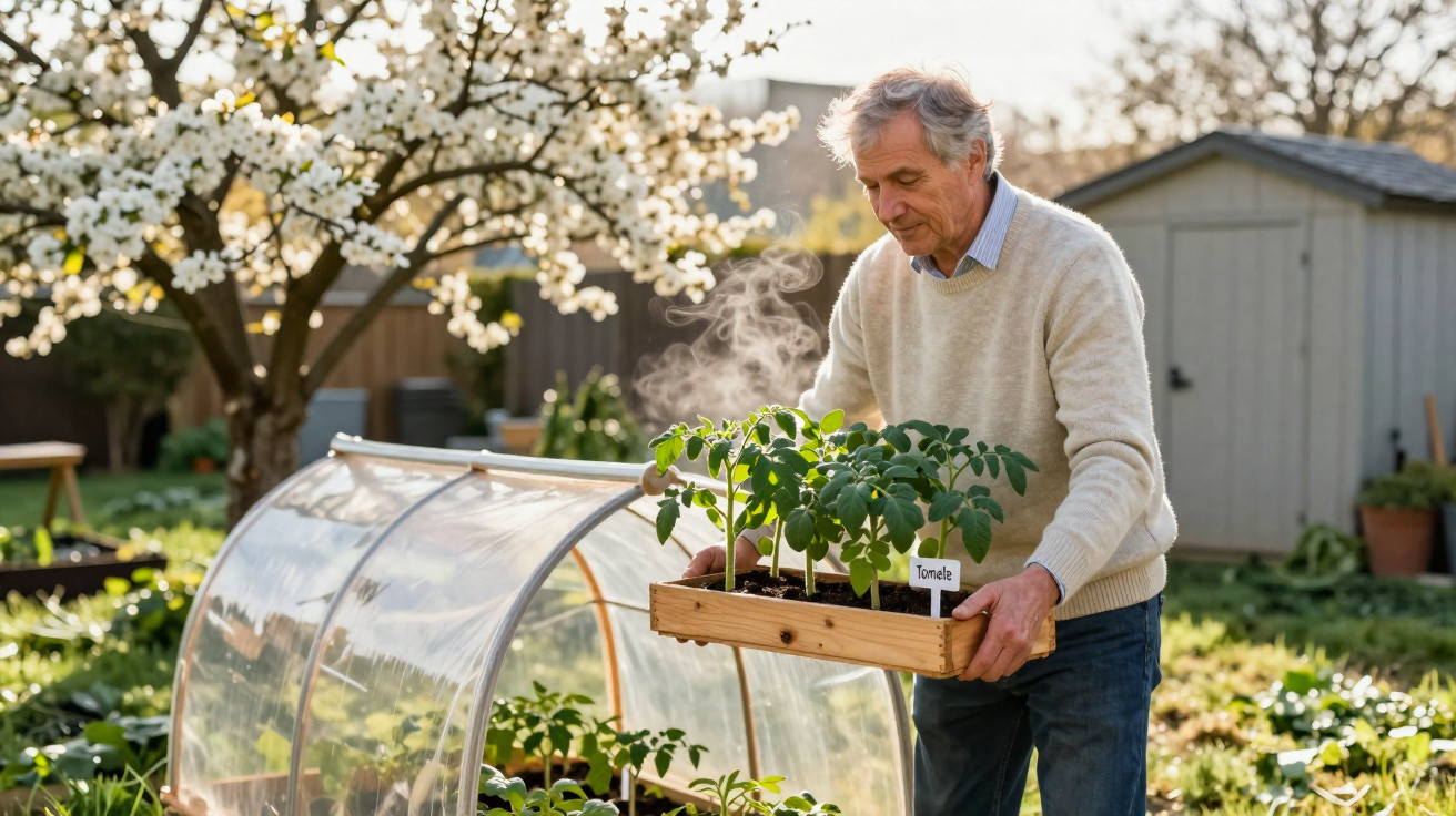 Homem idoso cuidando de mudas de tomate em caixa de madeira num jardim ensolarado.
