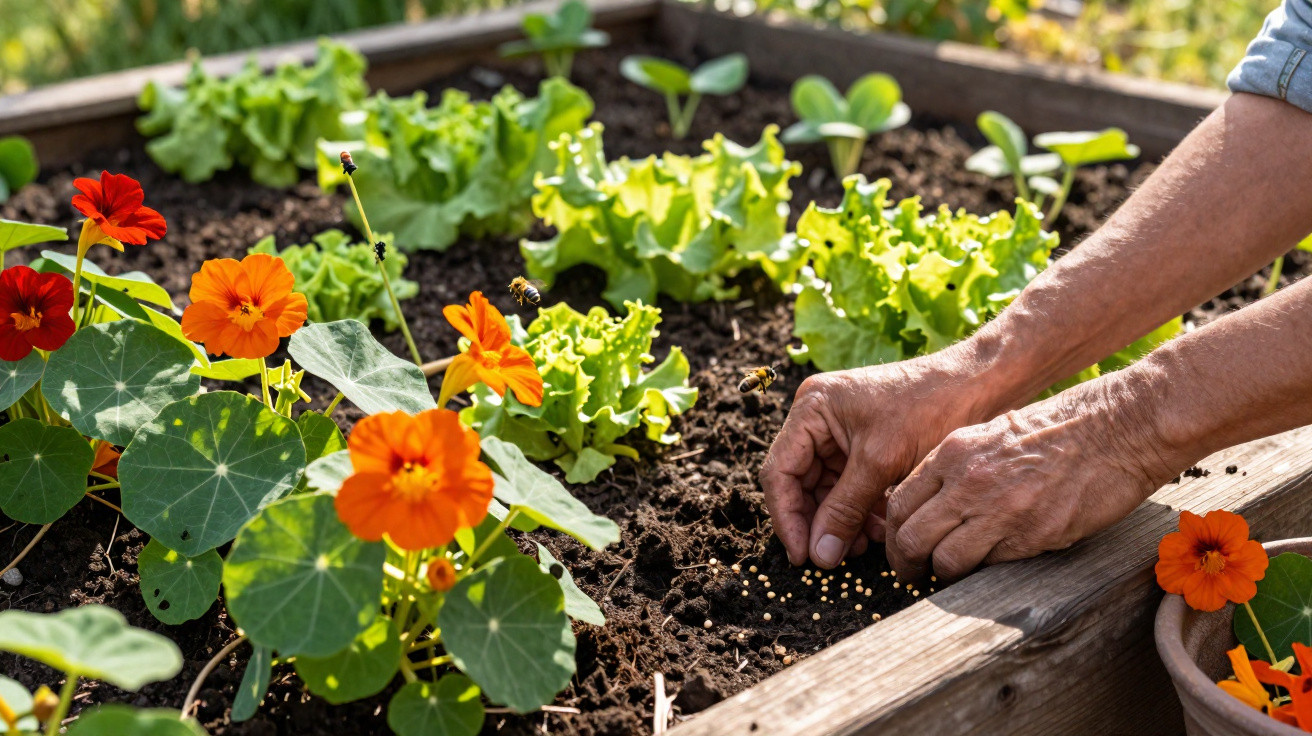 Mãos plantando sementes em canteiro com alface e flores laranjas em jardim ensolarado.