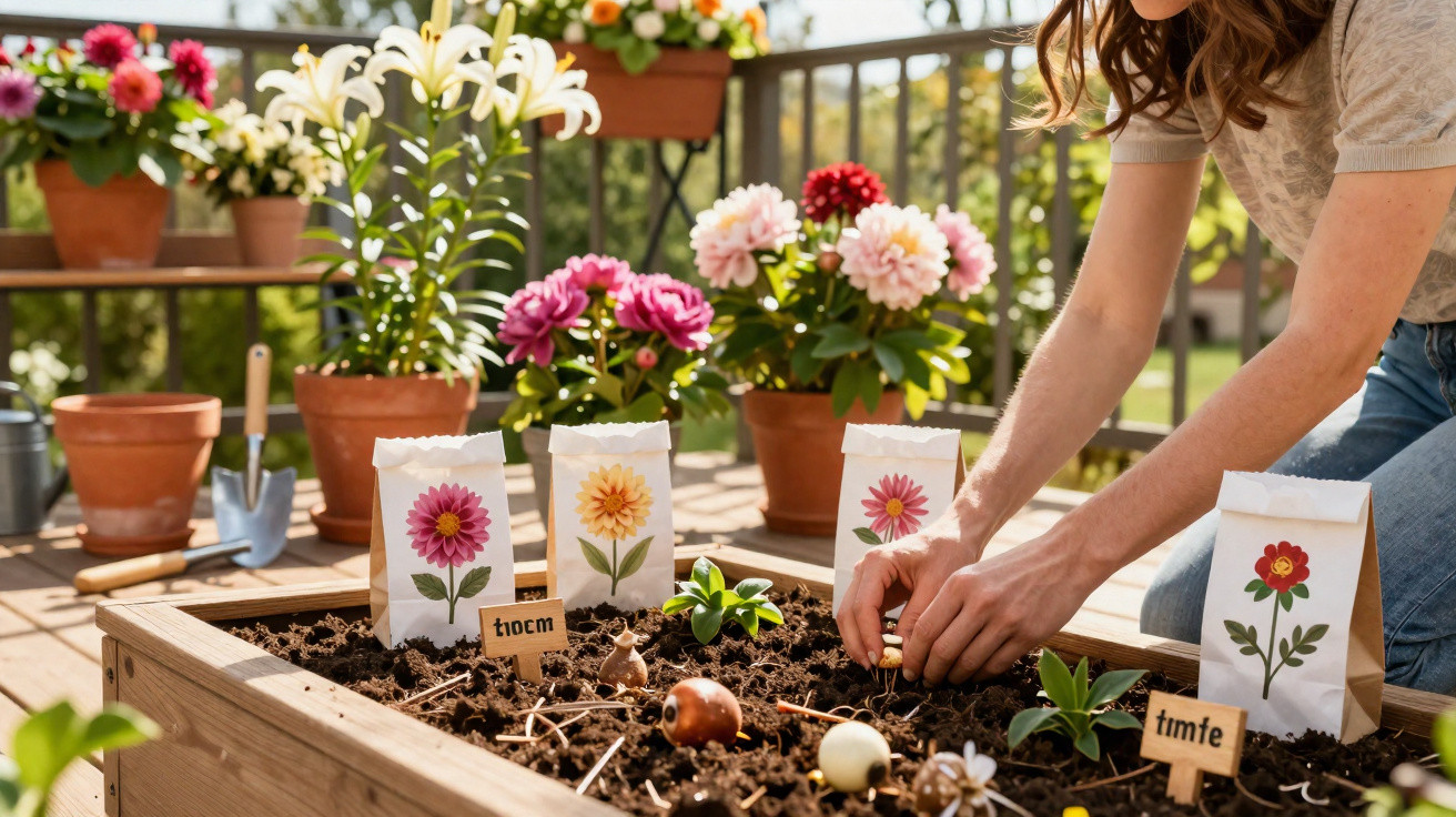 Pessoa plantando sementes em canteiro com pacotes ilustrados e flores ao fundo no jardim.