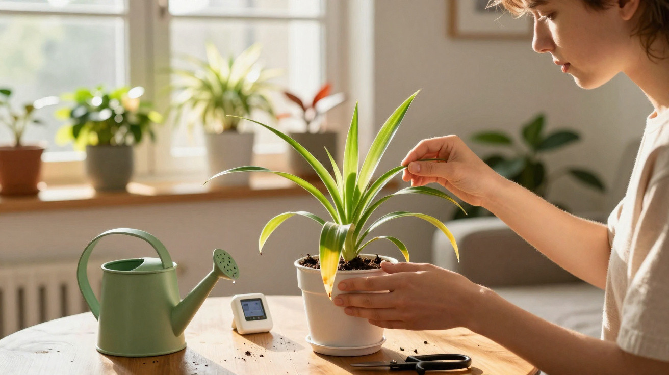 Pessoa cuidando de planta em vaso branco, mesa com regador verde e tesoura em ambiente iluminado