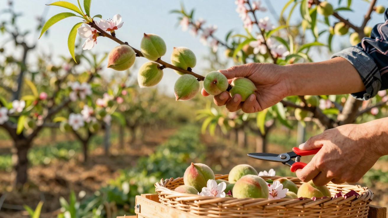 Mãos colhendo pessegos verdes em pomar com flores, usando tesoura, com cesta de vime cheia de frutos.