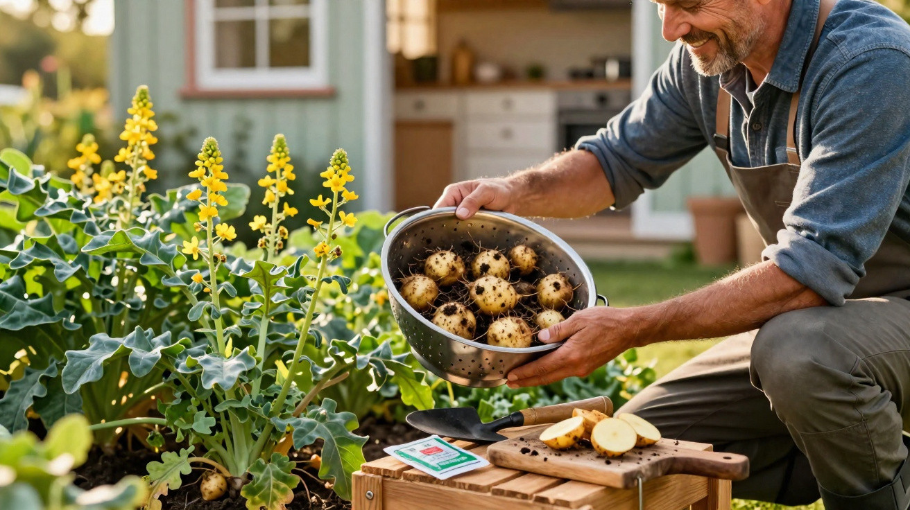 Homem sorridente mostrando batatas colhidas em uma peneira ao lado de plantas no jardim.