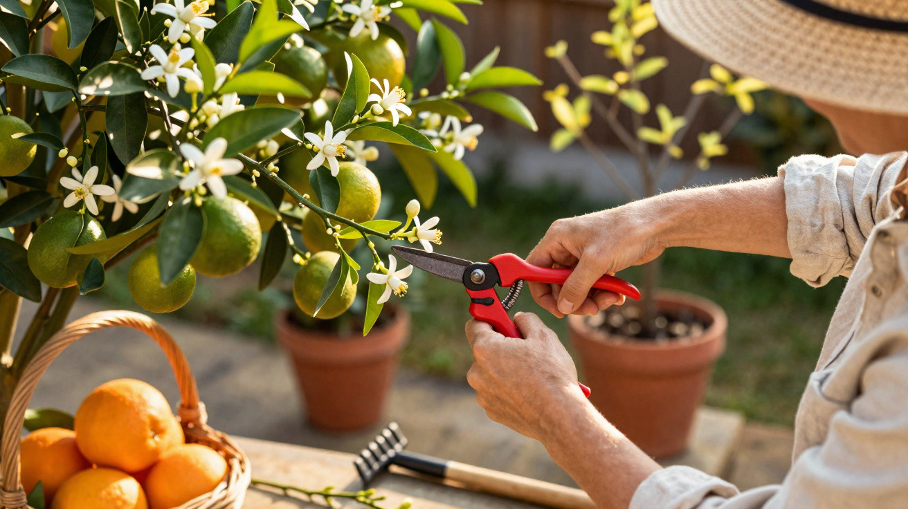 Pessoa podando árvore de laranja com tesoura de jardinagem em um jardim ensolarado.