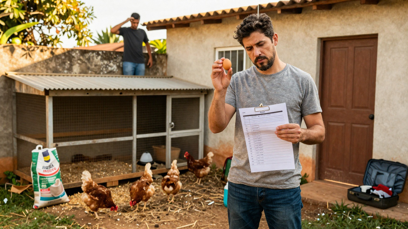 Homem observa ovo com prancheta na mão em área externa com galinhas e outra pessoa ao fundo.