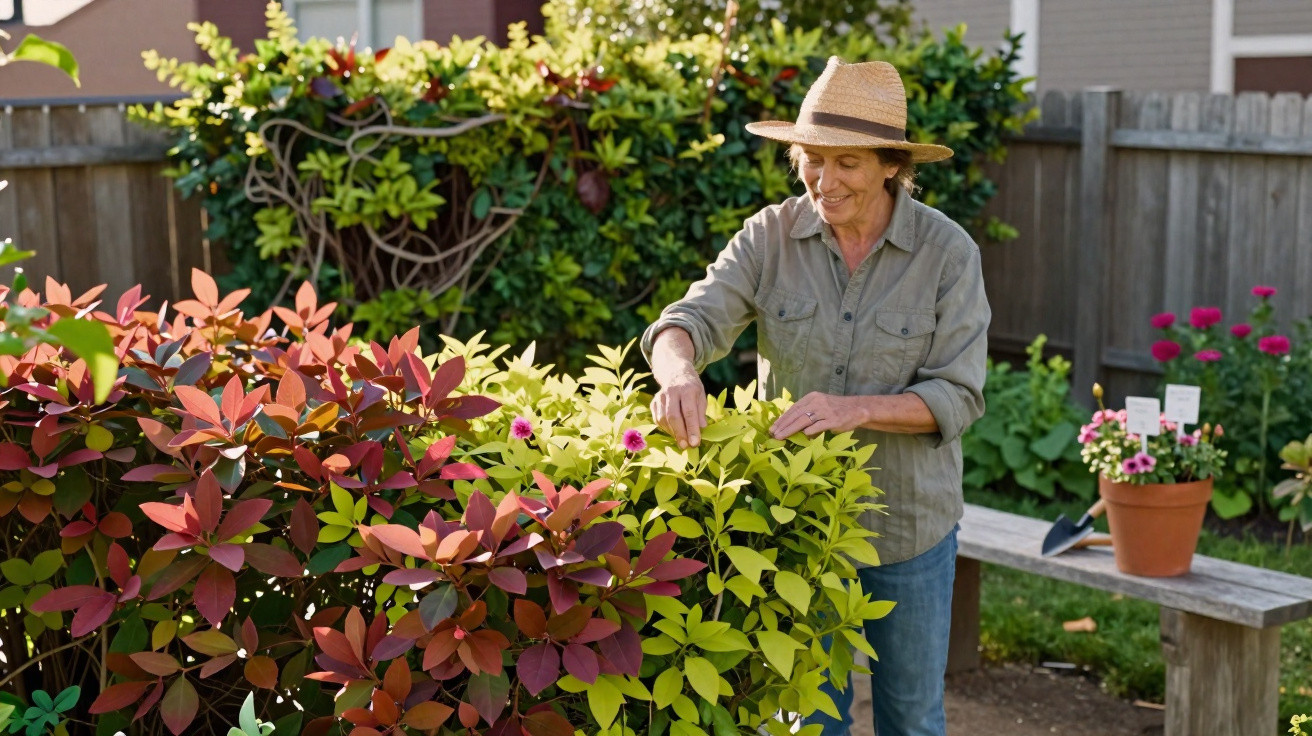 Mulher sorridente jardineira cuidando de plantas coloridas em um jardim ensolarado.