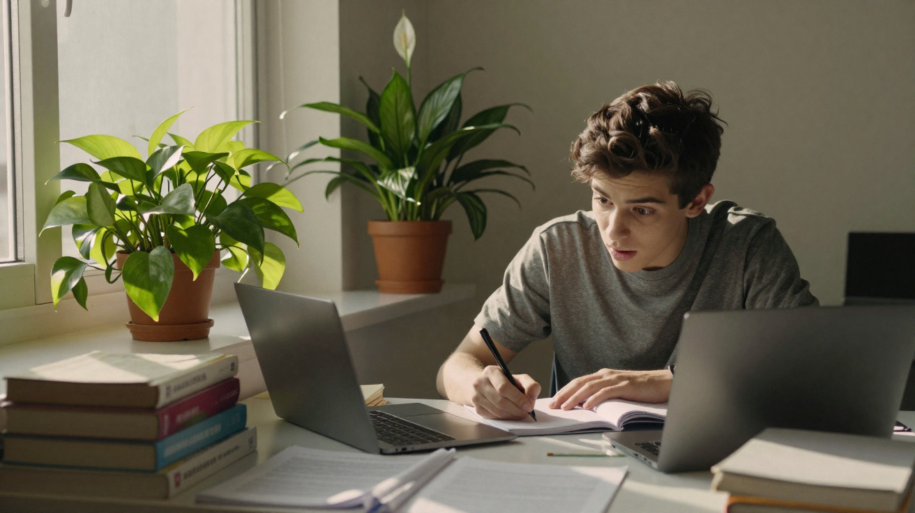 Jovem estudando em mesa com livros, cadernos, dois laptops e plantas ao lado da janela.