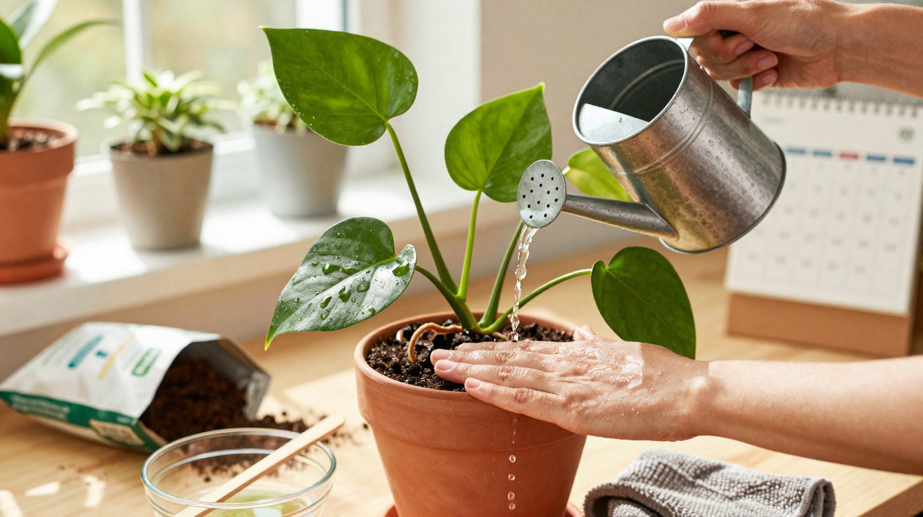 Pessoa regando planta em vaso de barro sobre mesa de madeira com luz natural ao fundo.