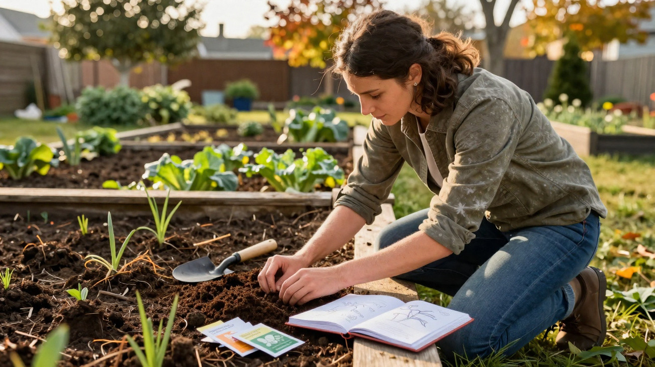 Mulher cavando e plantando sementes em canteiro de jardim, com livro de anotações e pacotes de sementes ao lado.