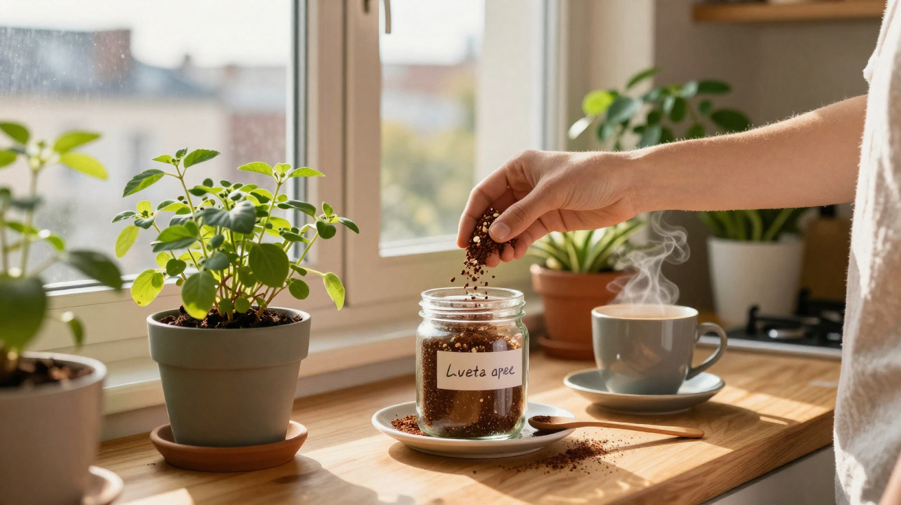 Pessoa adicionando café moído em pote de vidro ao lado de xícara de café fumegante em balcão com plantas.