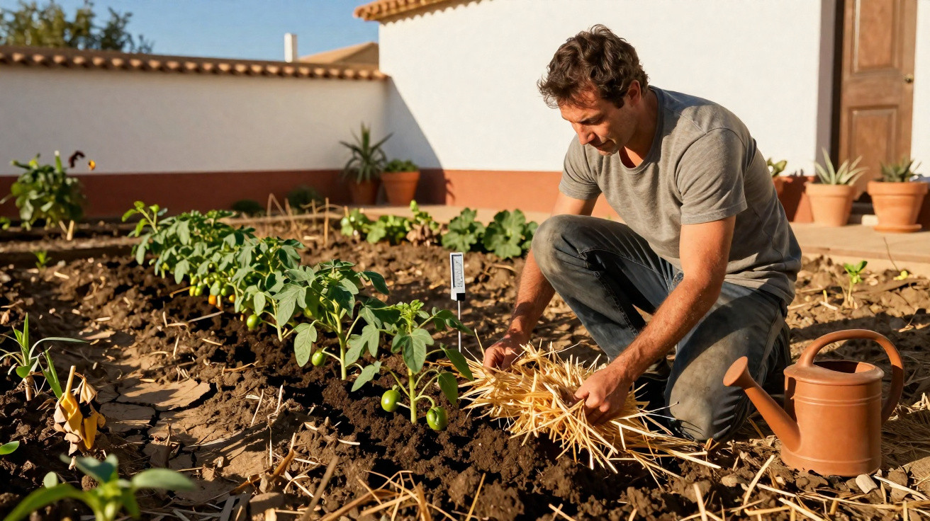 Homem agachado cuidando do jardim, colocando palha ao redor de plantas verdes em canteiros.