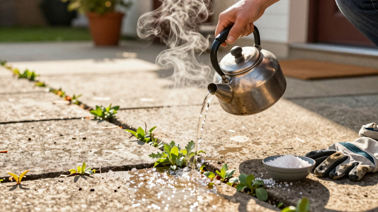 Mão despejando água quente de chaleira em plantas entre pedras de pavimento ao ar livre.