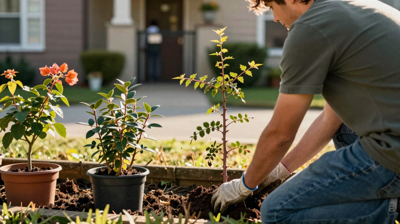 Pessoa agachada plantando muda em canteiro com vasos de plantas ao redor em jardim residencial.