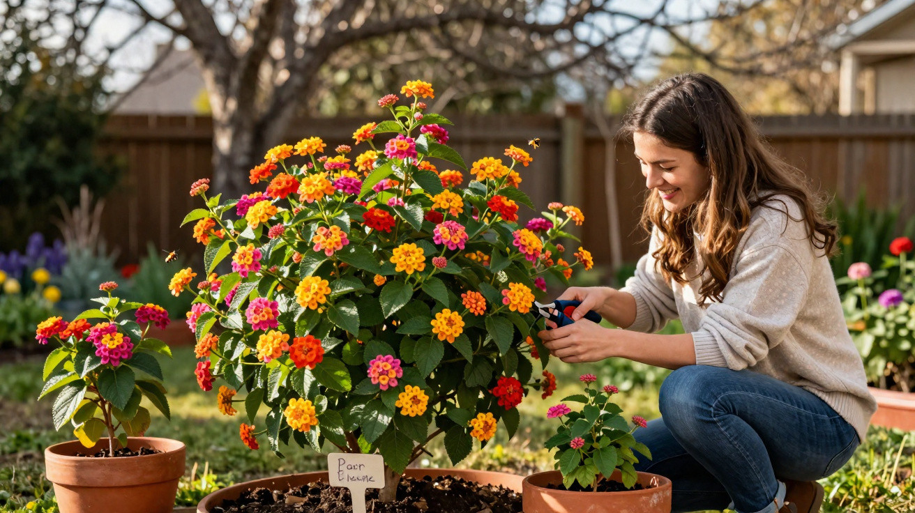 Mulher sorridente podando flores coloridas em vasos no jardim ao ar livre.