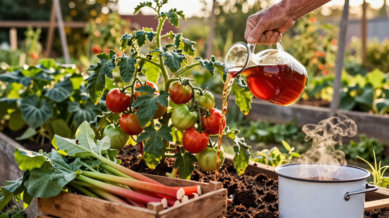 Pessoa regando plantas de tomate maduro em jardim enquanto rhubarb fresco está em caixa de madeira próxima.