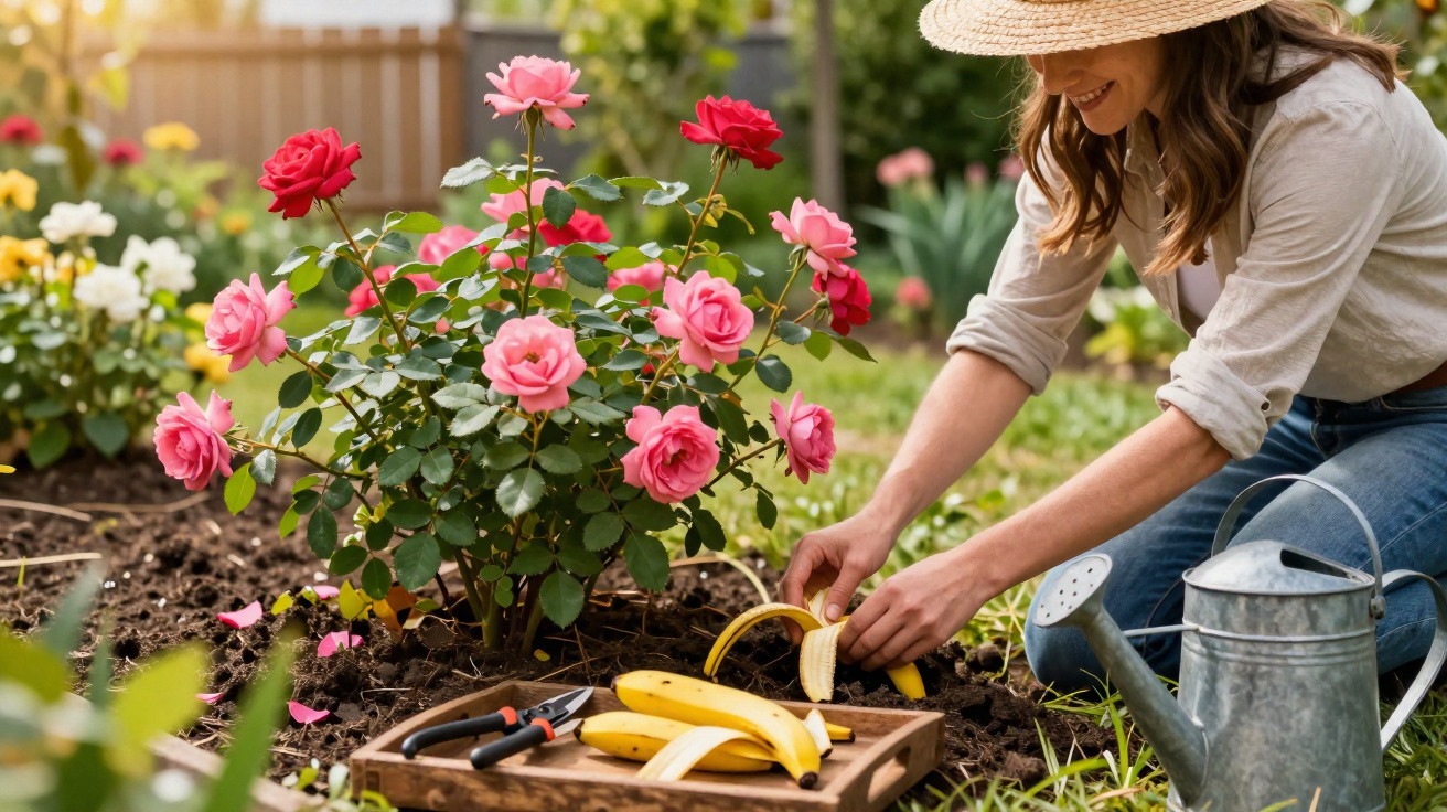 Mulher cuidando de rosas vermelhas e rosas em jardim, com regador e ferramentas ao lado.
