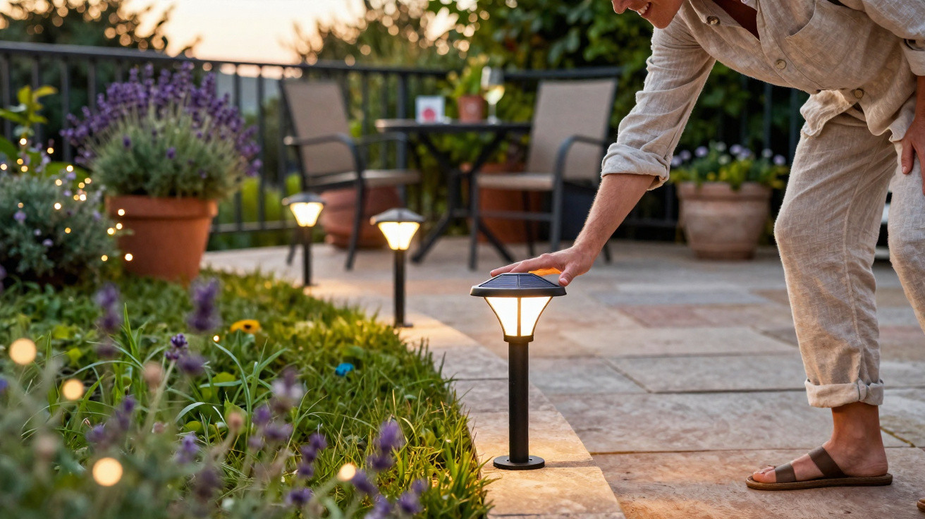 Pessoa ajusta luminária de jardim solar ao entardecer em área externa com plantas e móveis.