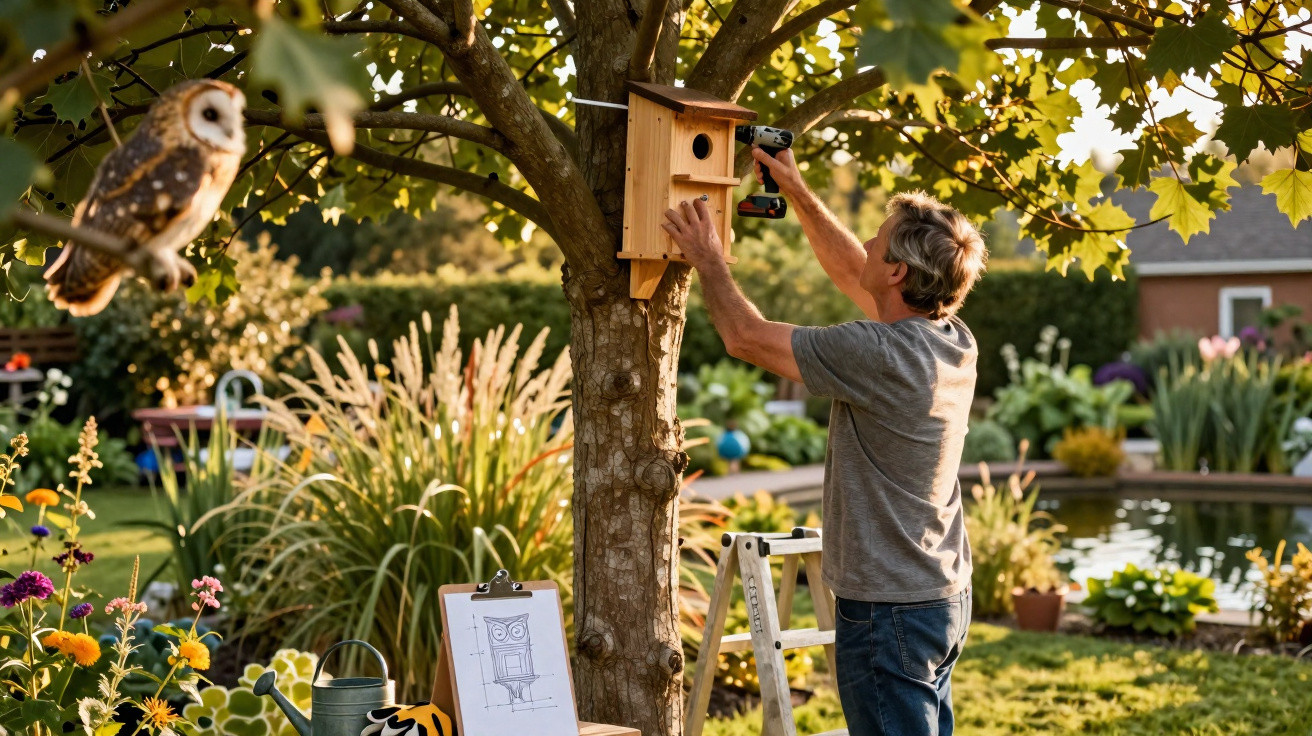 Homem instala caixa-ninho para corujas em árvore, com desenho e coruja voando no jardim ao entardecer.
