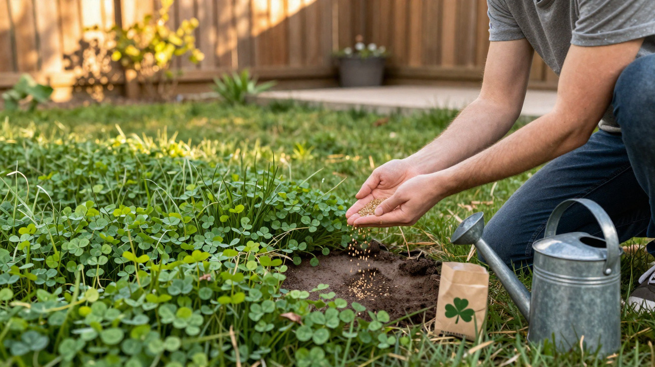 Pessoa plantando sementes em jardim de trevo com regador ao lado em quintal ensolarado.