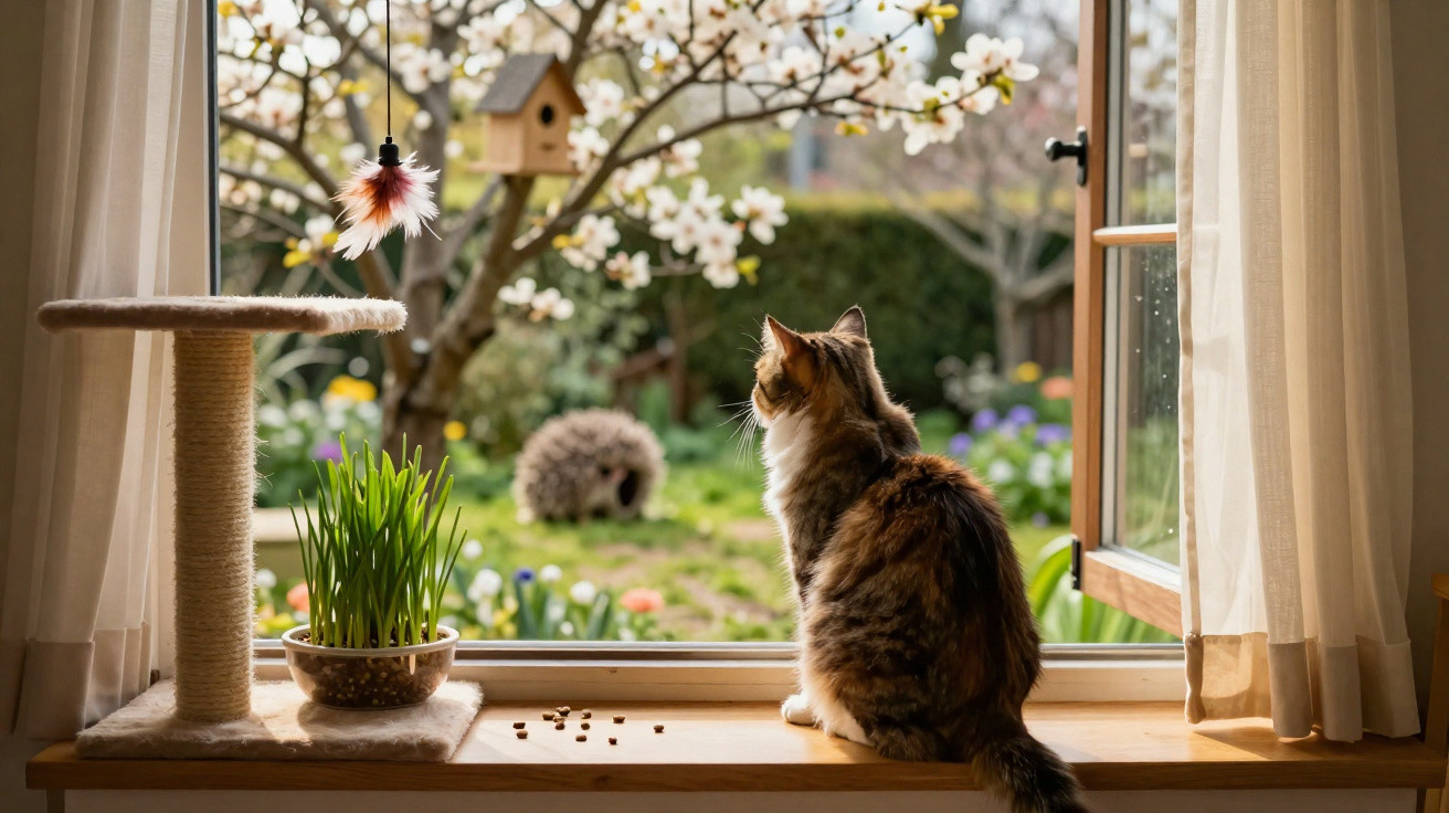 Gato sentado no parapeito da janela olhando para o jardim florido com castor ao fundo.