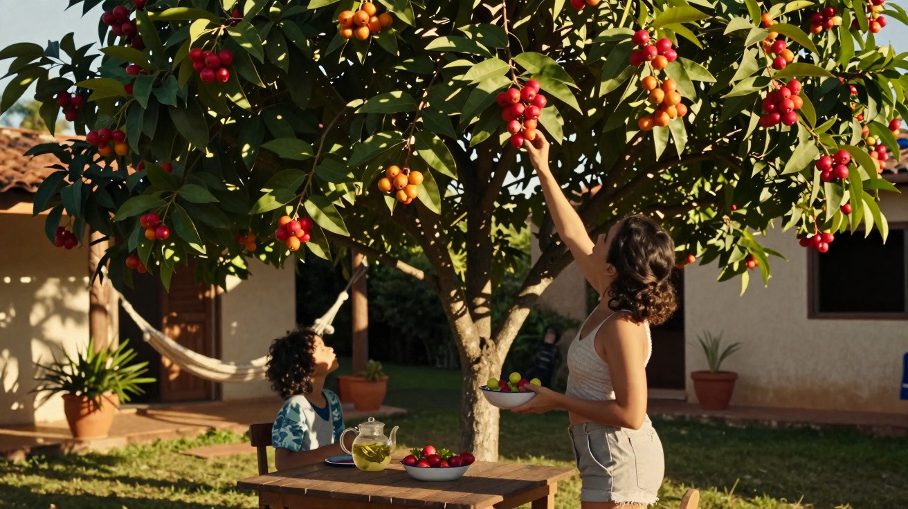 Mulher colhendo frutas de uma árvore enquanto criança observa sentada à mesa no jardim.