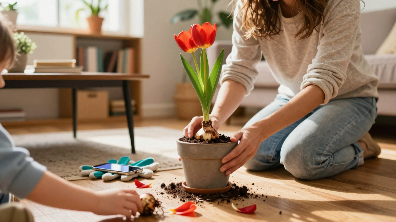 Mulher e criança plantando tulipa vermelha em vaso dentro de casa, com terra espalhada no chão.