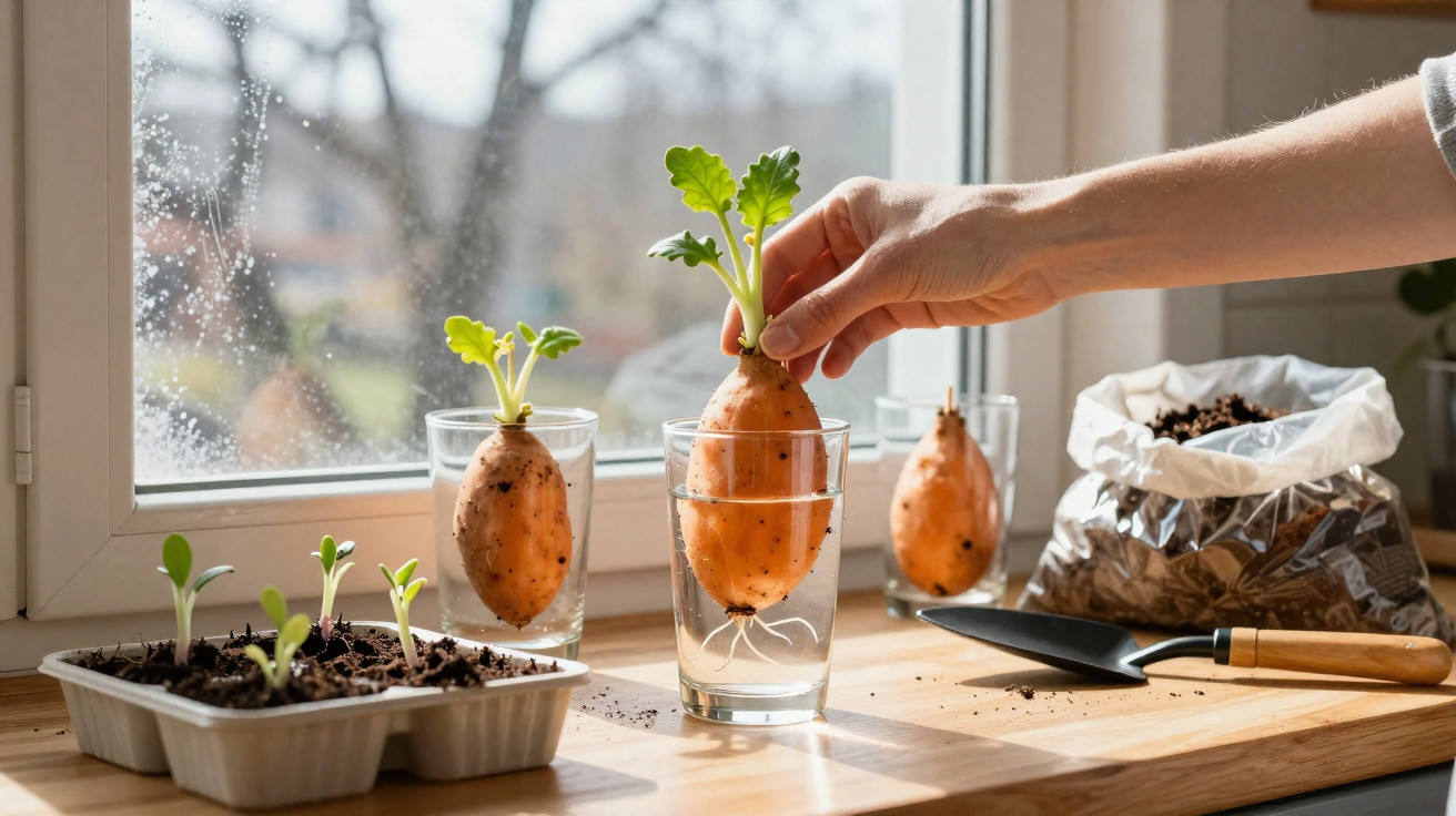 Batatas-doces em copos d'água com brotos, mãos segurando uma para plantio indoor junto a terra e ferramenta.