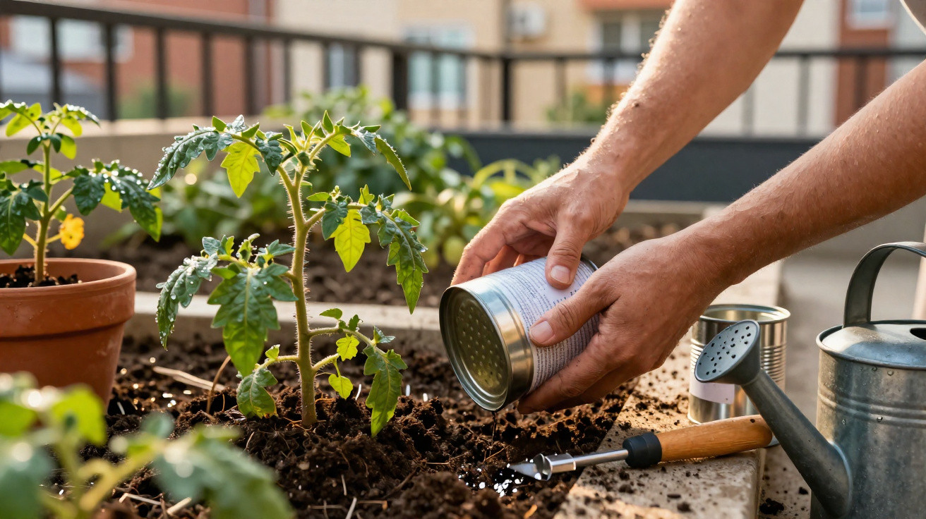 Pessoa regando muda de tomate em jardim com regador e ferramenta de jardinagem ao lado.