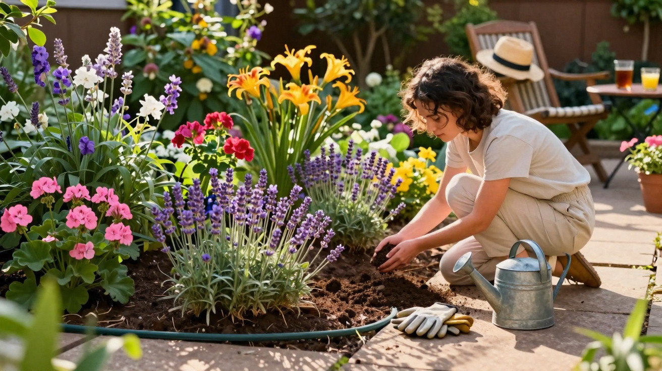 Criança cuidando de flores coloridas em jardim ensolarado, com regador e luvas ao lado.