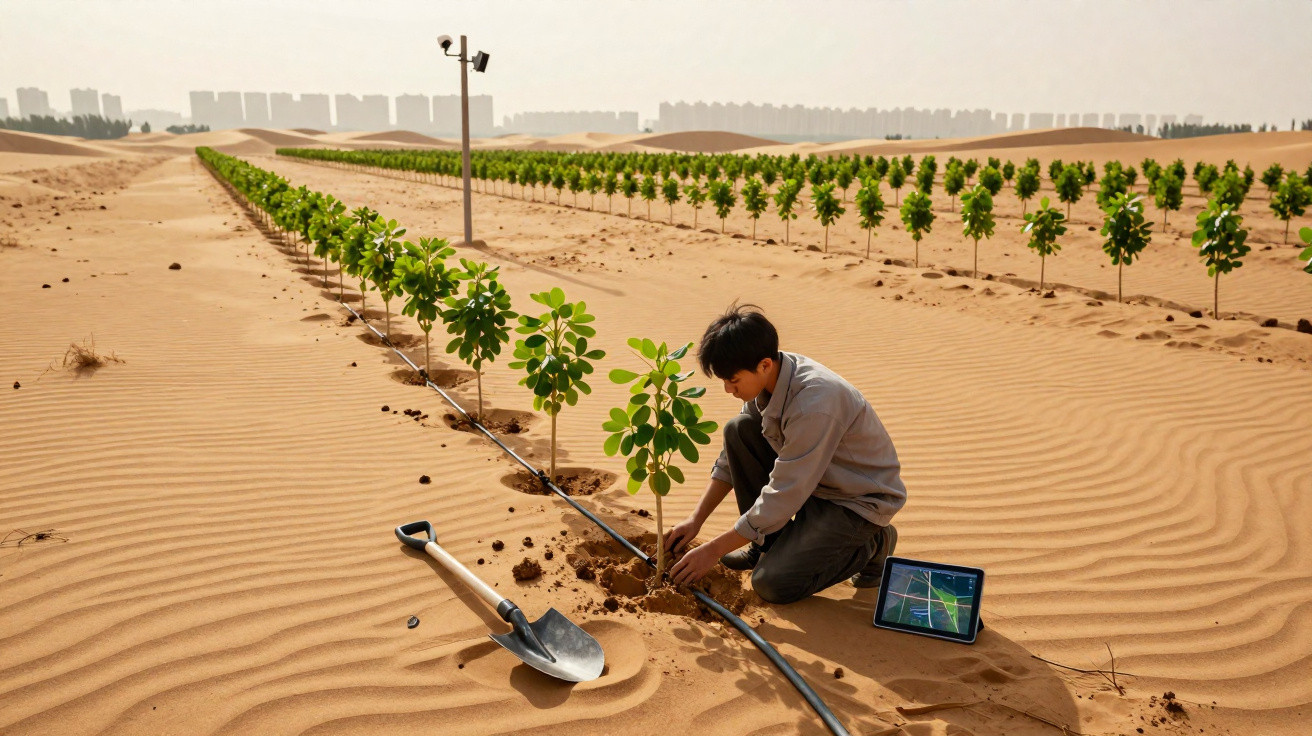 Jovem planta árvore em fileira no deserto, ao lado de pá e tablet com imagem de satélite.