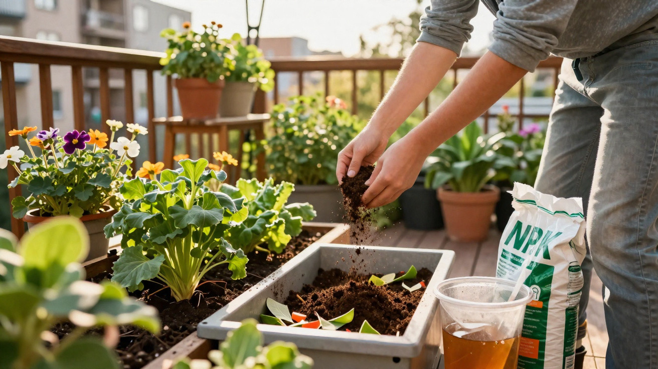 Pessoa adiciona terra em vaso de plantas na varanda ensolarada com flores coloridas ao redor.