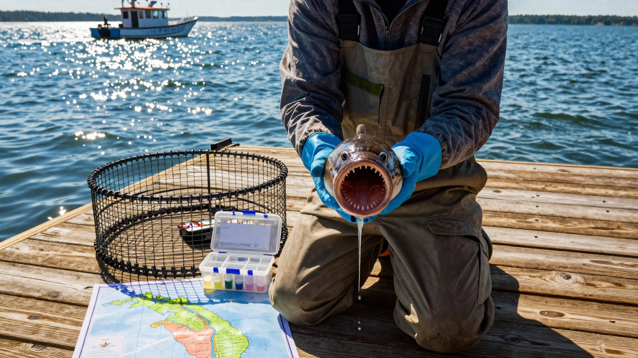Pesquisador com luvas azuis segura peixe abissal com boca aberta em cais próximo a mapa e gaiola de captura.