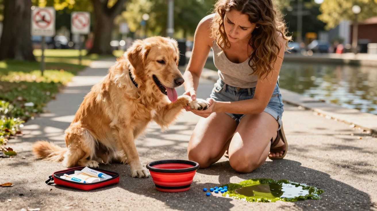 Mulher curando a pata machucada de cachorro dourado em parque próximo a lago.