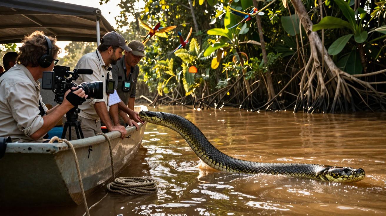 Homens em barco filmam e observam cobra grande nadando em rio cercado por vegetação densa.