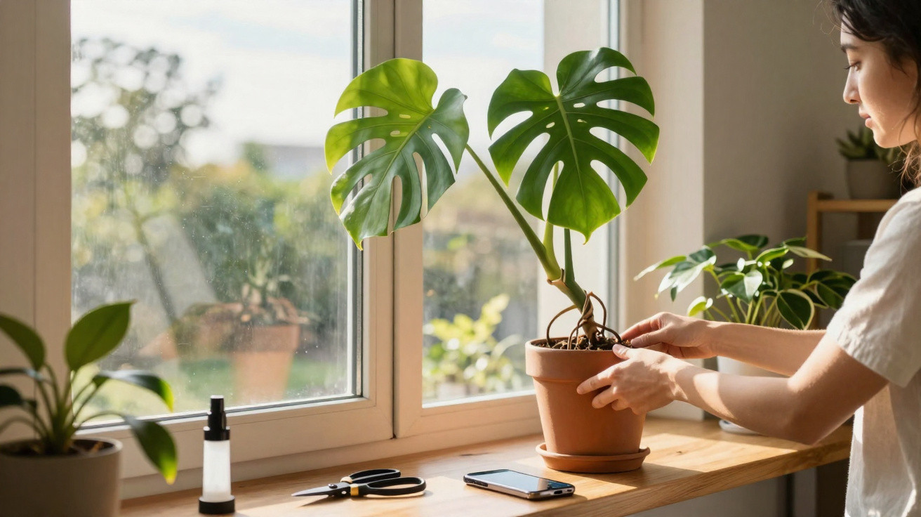 Pessoa cuidando de planta Monstera em vaso de cerâmica em uma mesa próxima à janela ensolarada.