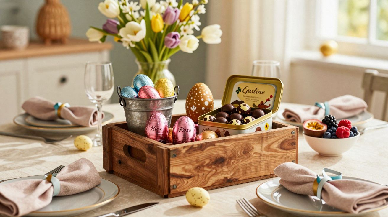 Mesa de jantar decorada com ovos de Páscoa, chocolates e arranjo de flores tulipas.