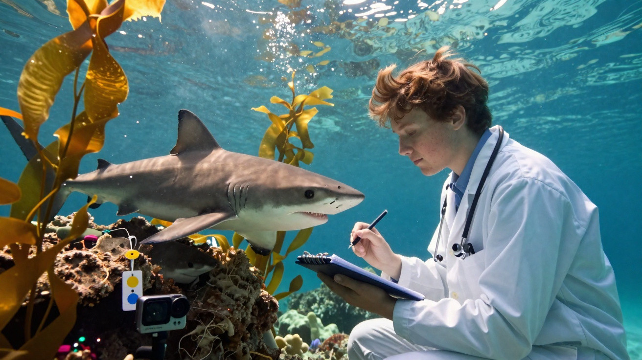 Cientista subaquático anotando dados perto de um tubarão nadando entre algas marinhas.