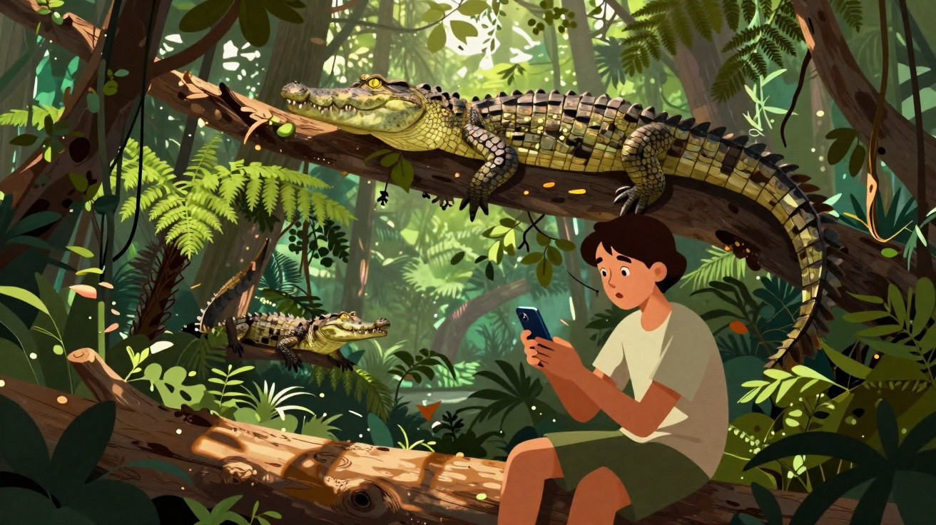 Menino sentado na floresta usa celular enquanto dois jacarés descansam sobre galhos próximos.
