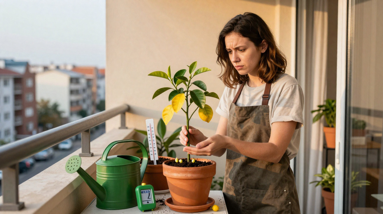 Mulher preocupada cuida de planta com folhas amarelas em vaso no varal de apartamento.