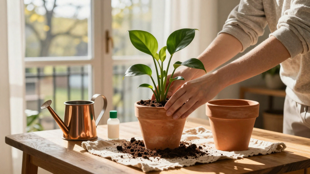 Pessoa transplantando planta verde em vaso de barro sobre mesa de madeira iluminada pela luz natural