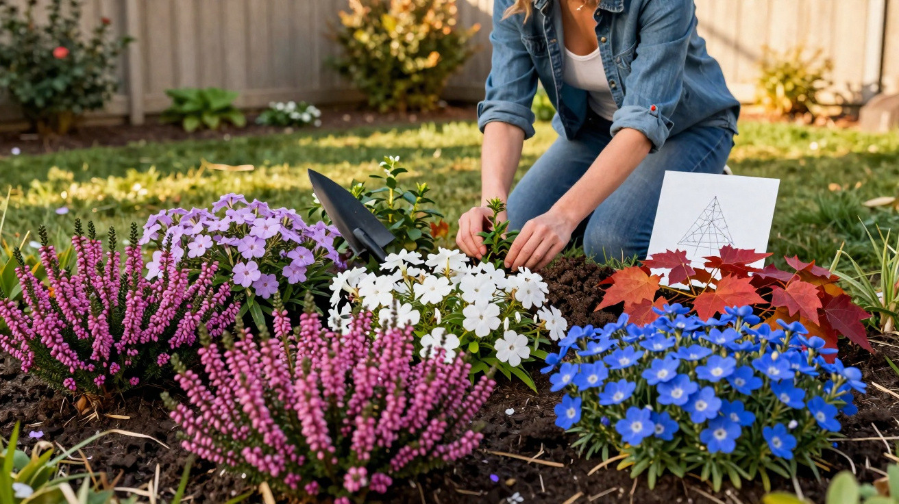 Pessoa plantando flores coloridas em um jardim ensolarado, com ferramentas e desenho ao lado.