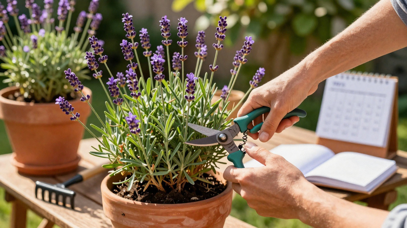 Pessoa podando planta de lavanda em vaso de barro em mesa de madeira ao ar livre.