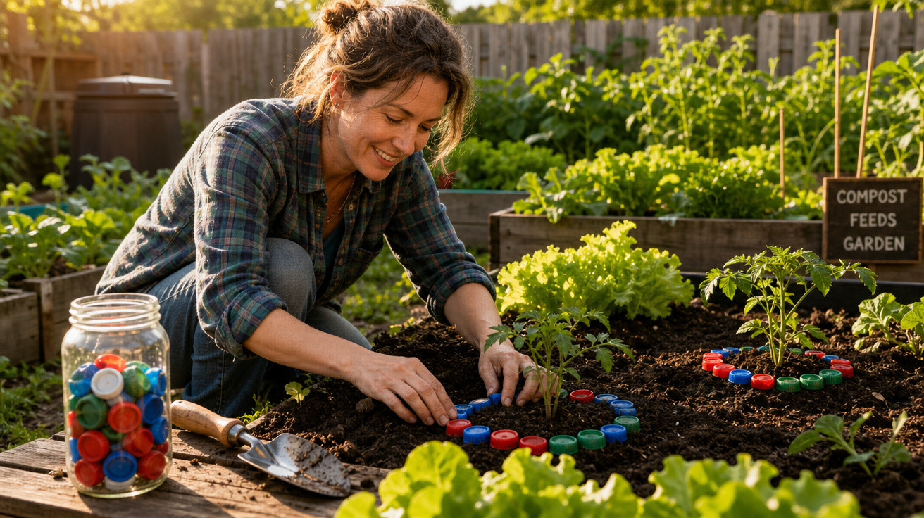 Mulher sorrindo planta hortaliças usando tampas plásticas para proteger plantas em jardim comunitário.